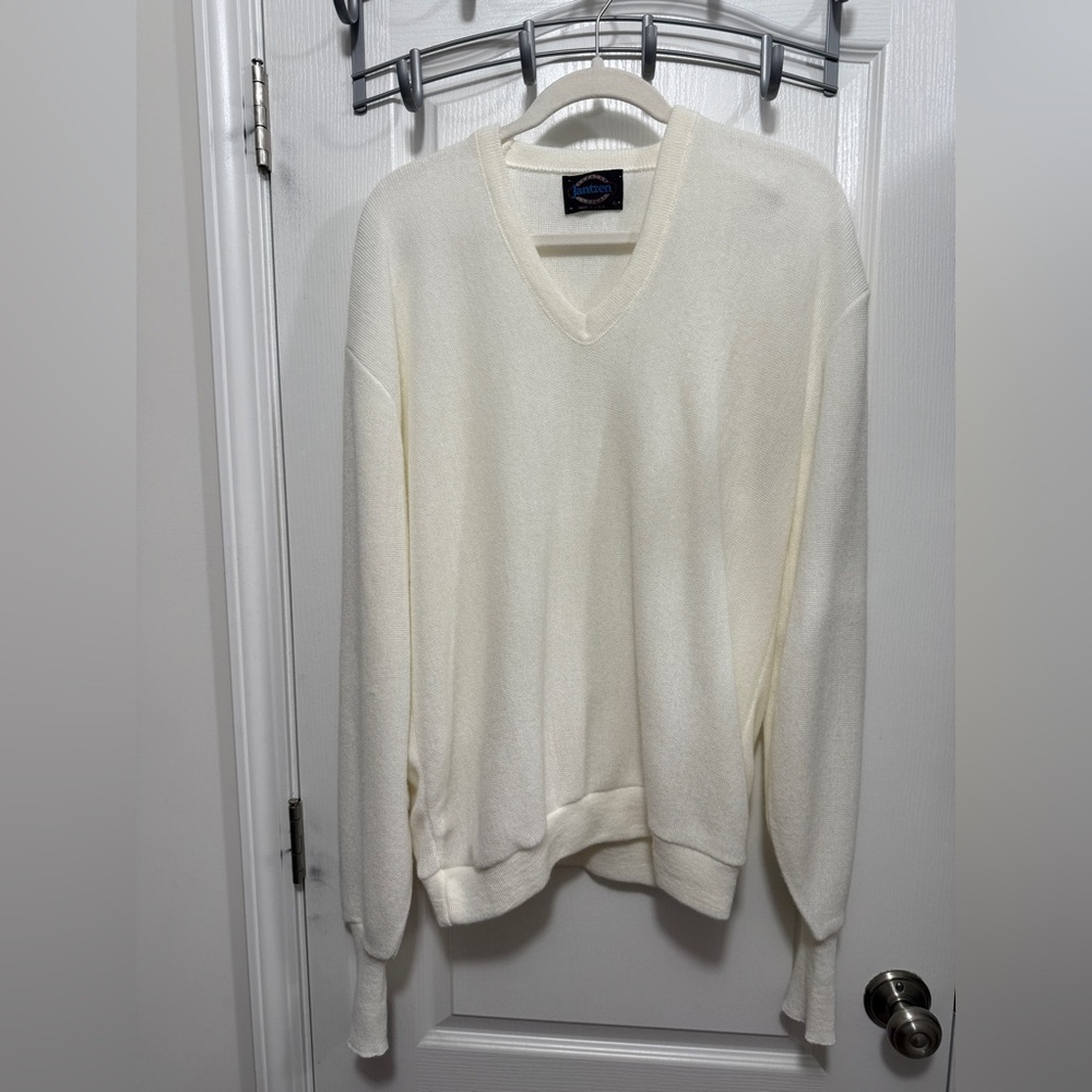Vintage 80s Jantzen V Neck Sweater‎ Mens XL Off White Acrylic USA Tennis Prep